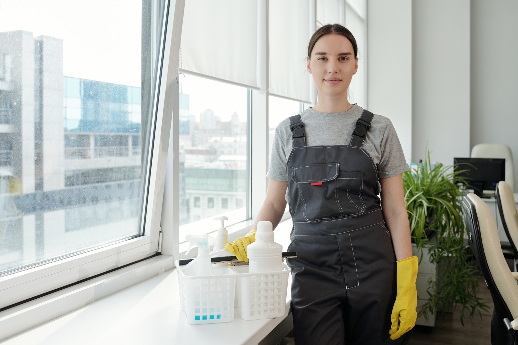 Young female staff of contemporary cleaning company standing by window